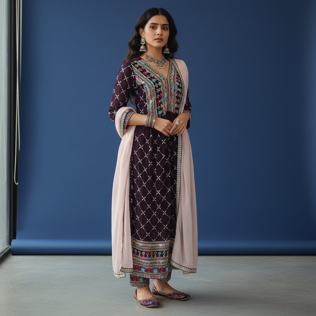 Faux Georgette Kurta Set with Deep V-neck