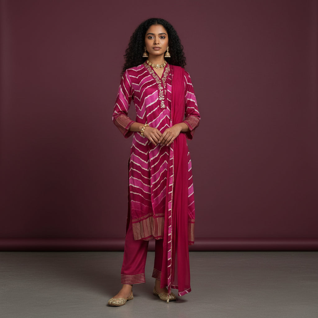 Silk Blend Leheriya Kurta Set