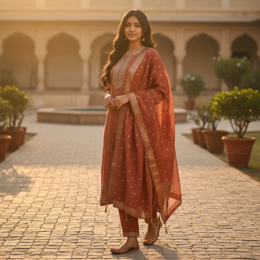 Tissue Silk Kurta Set with Scallop-Edge Embroidery