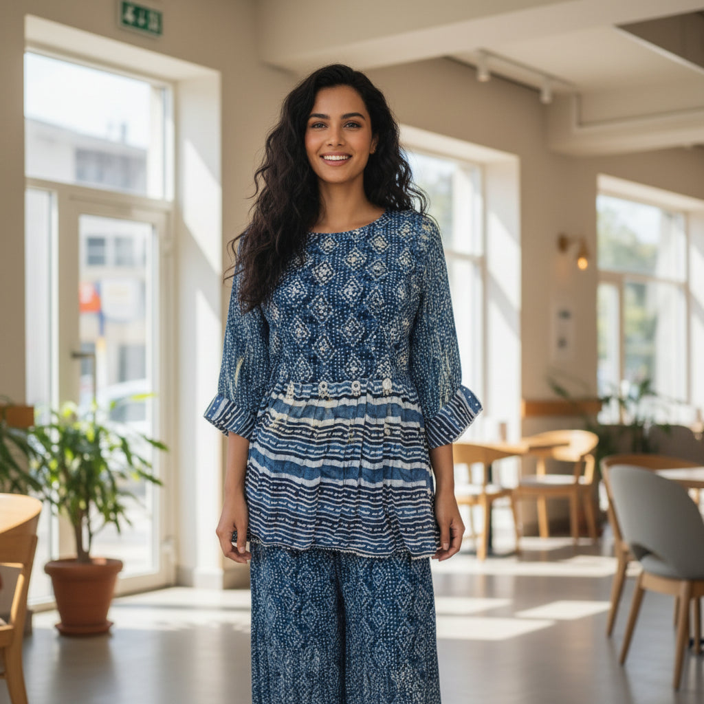 Printed Cotton Silk Blend Peplum Palazzo Set