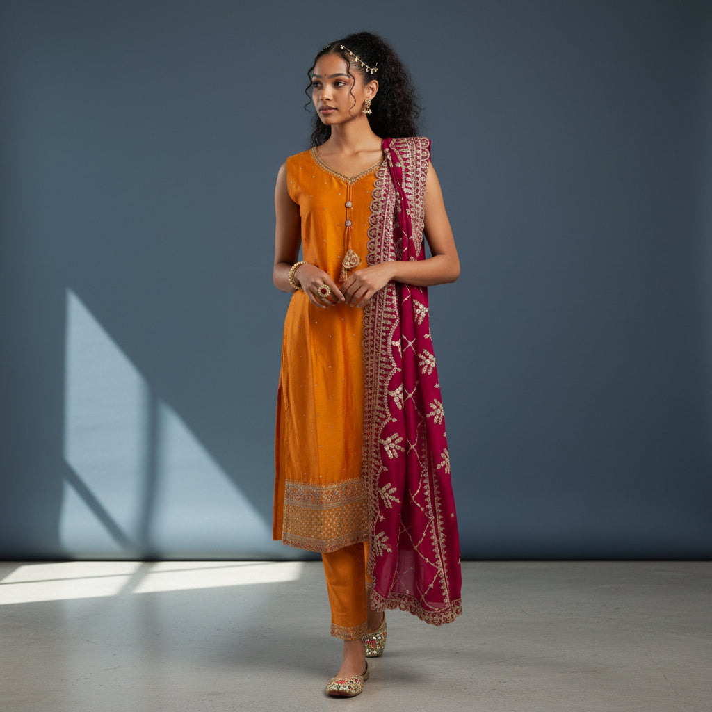Silk Blend Kurta Set with Heavy Zari Border