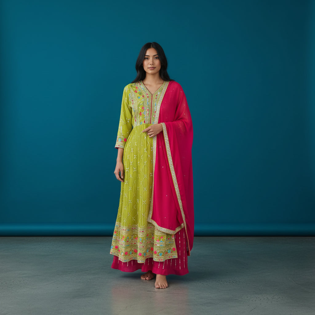 Faux Georgette Deep V-neck Kurta Set