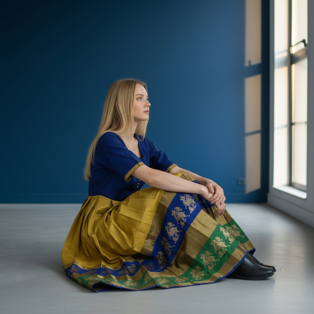 Silk Blend Long Dress with Peacock Border