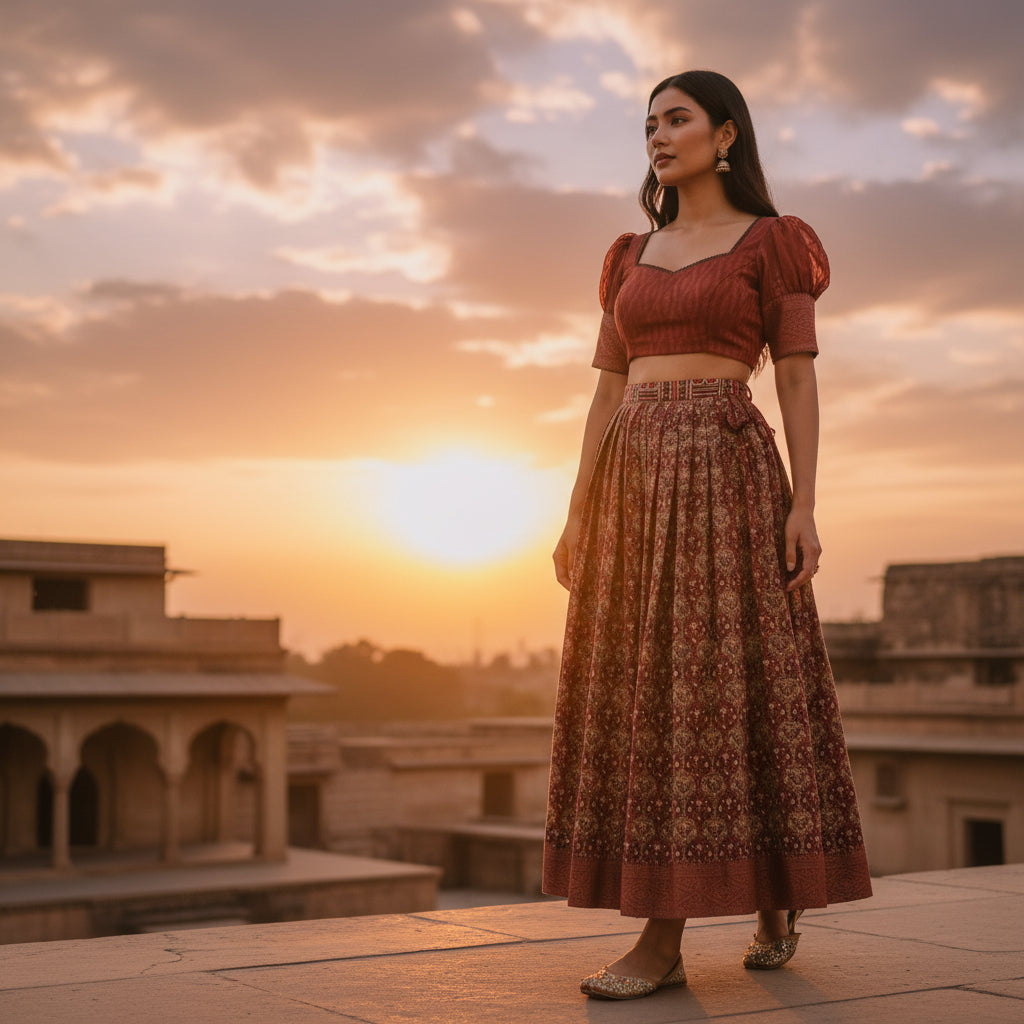 Silk Cotton Crop Top with Floral Print Skirt