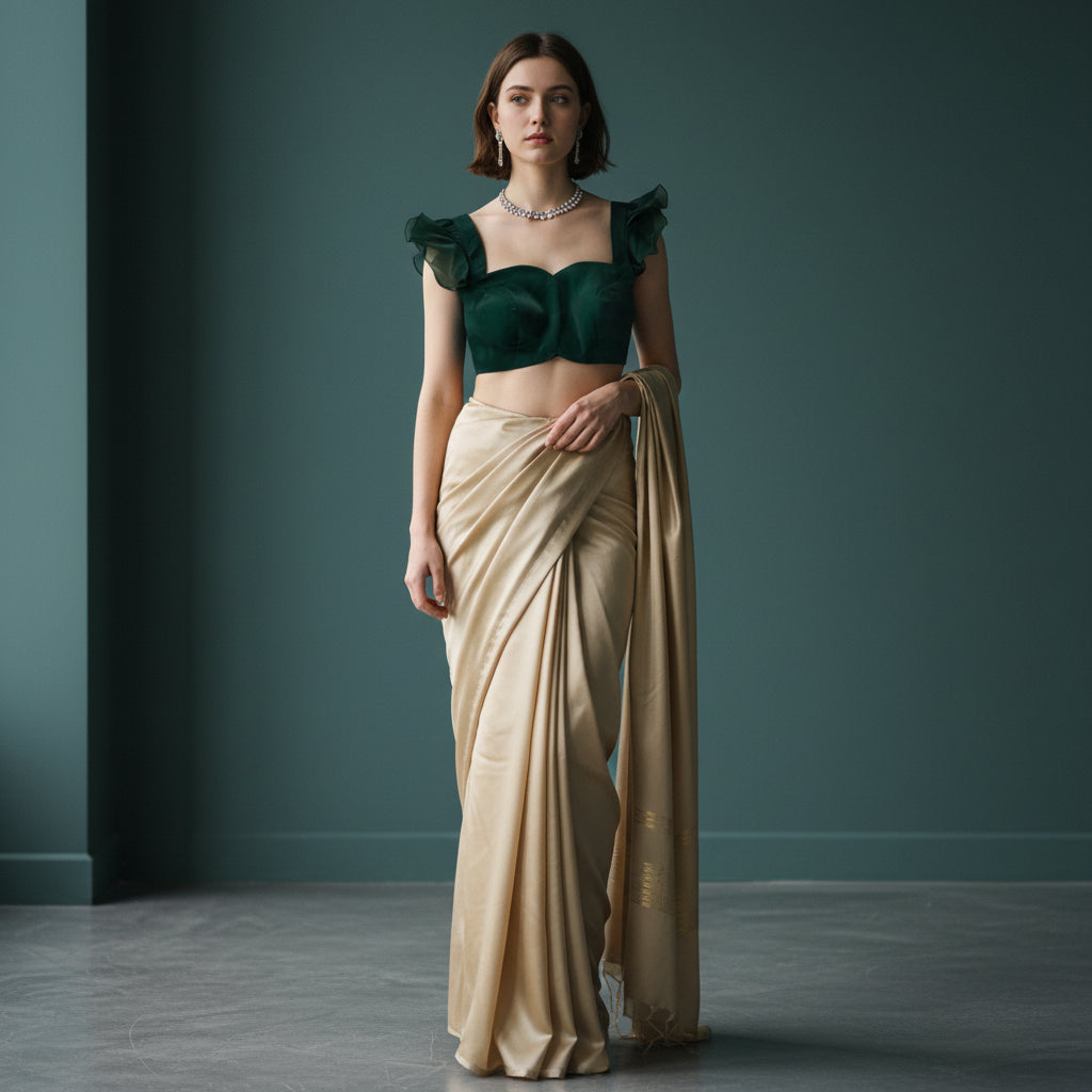 Soft Satin Organza Ruffle Sleeve Designer Blouse