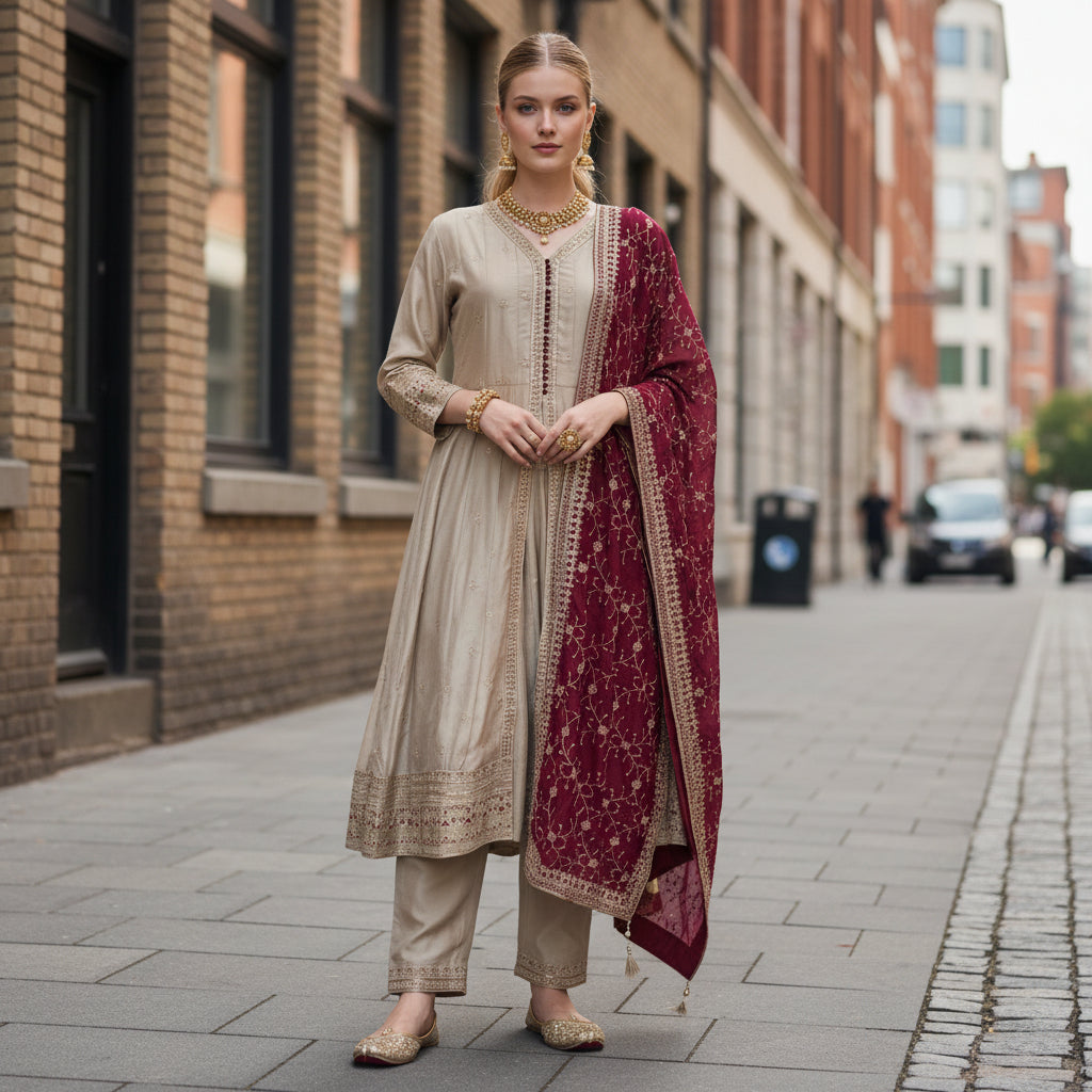 Silk Blend Kurta Set with Heavy Gold Sequin Embroidery