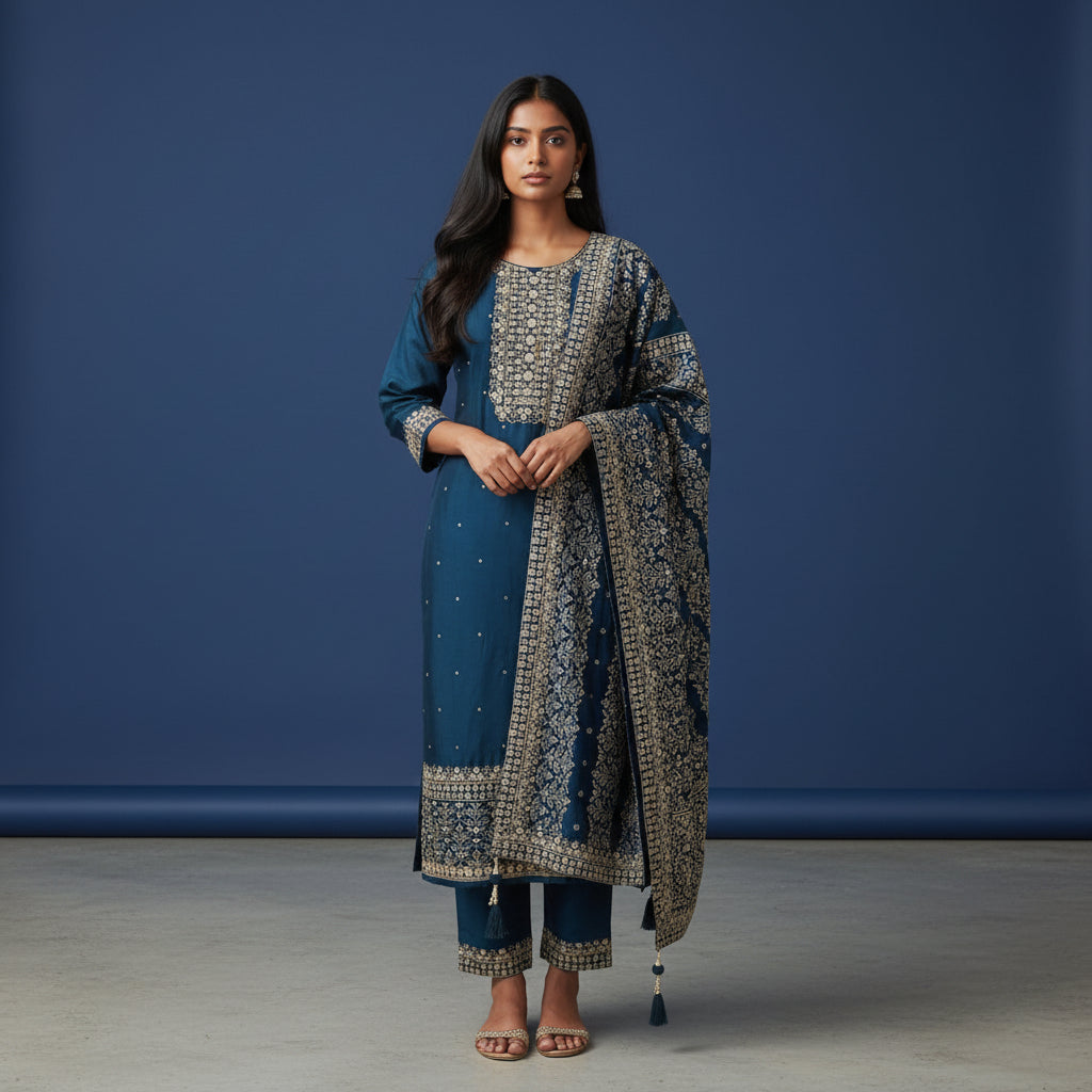 Silk Blend Kurta Set with Geometric and Floral Embroidery