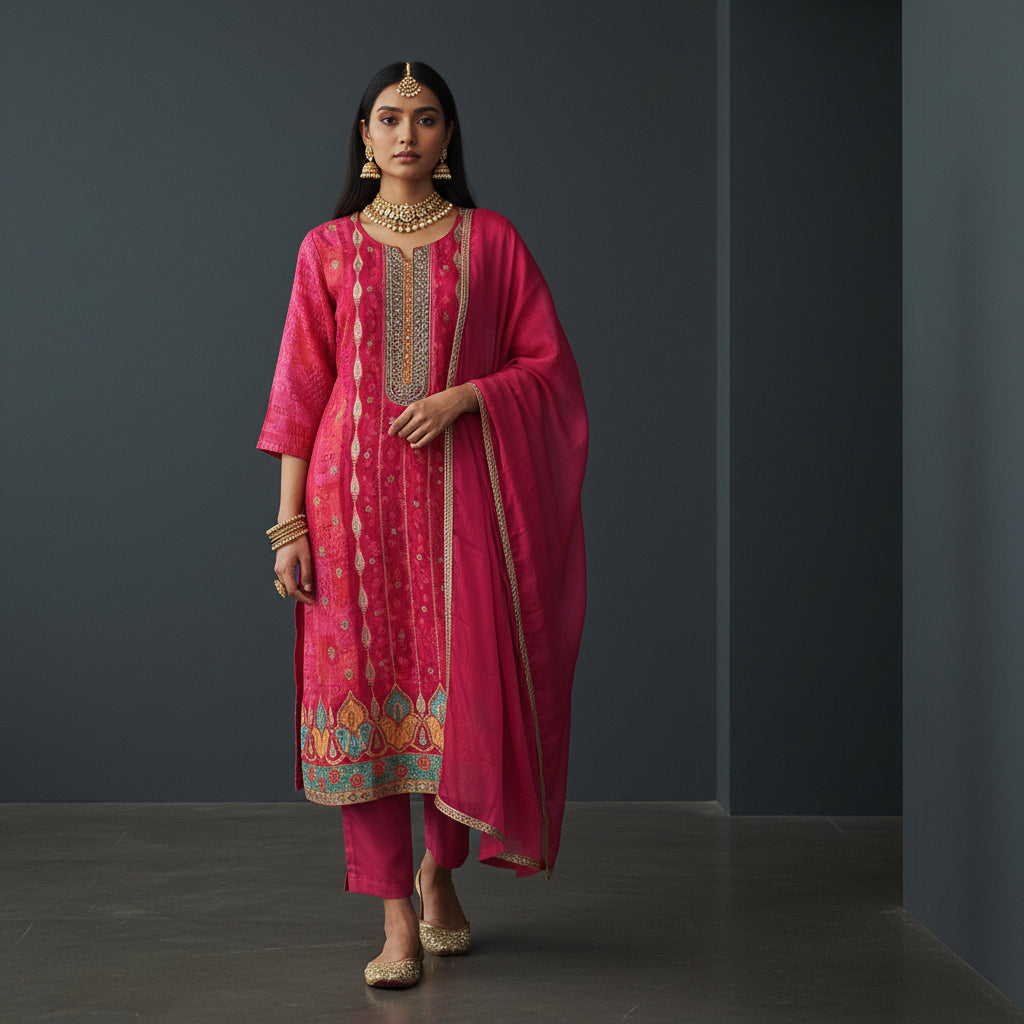 Printed Silk Kurta Set with Embroidered Yoke