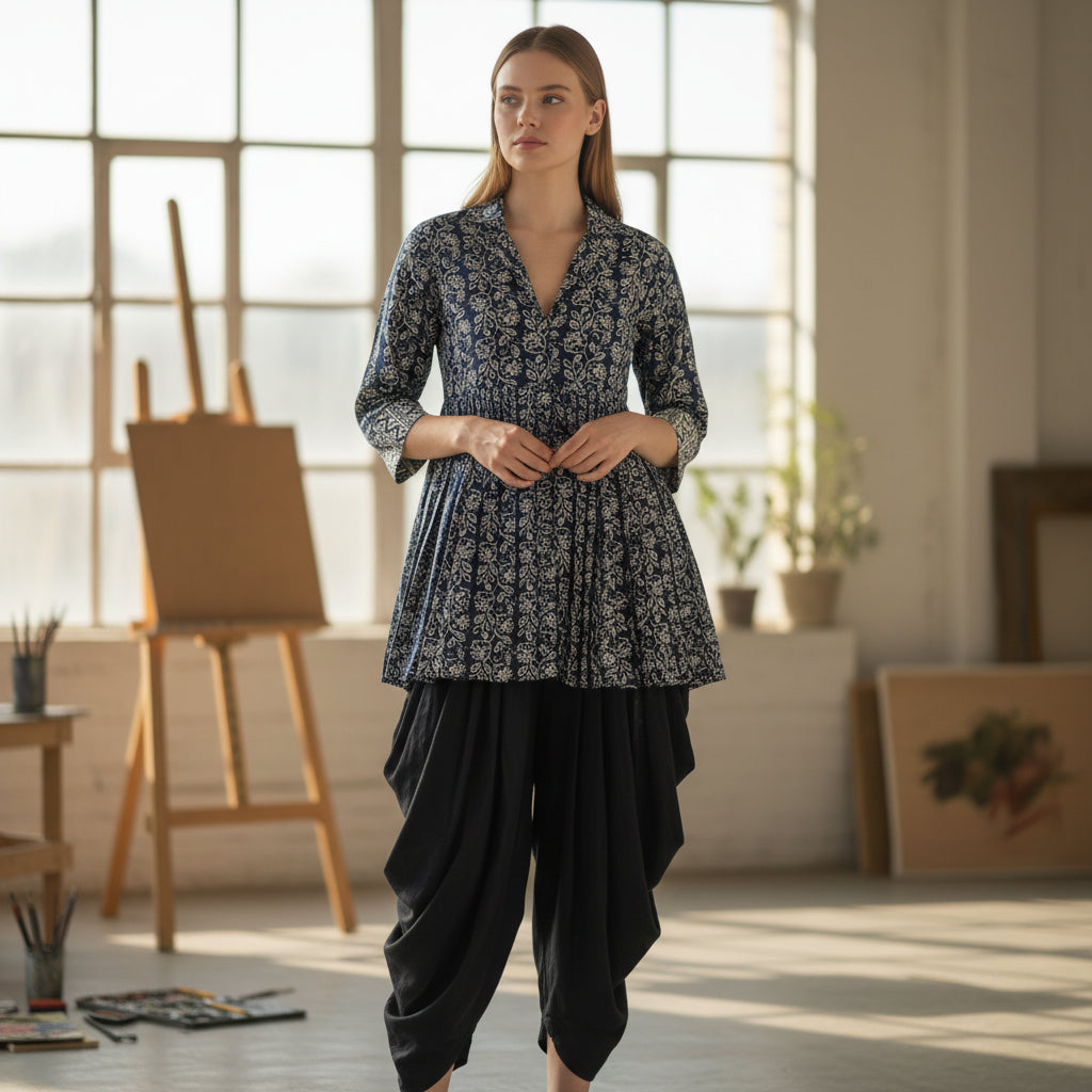 Cotton/Rayon Peplum Tunic with Dhoti Pants