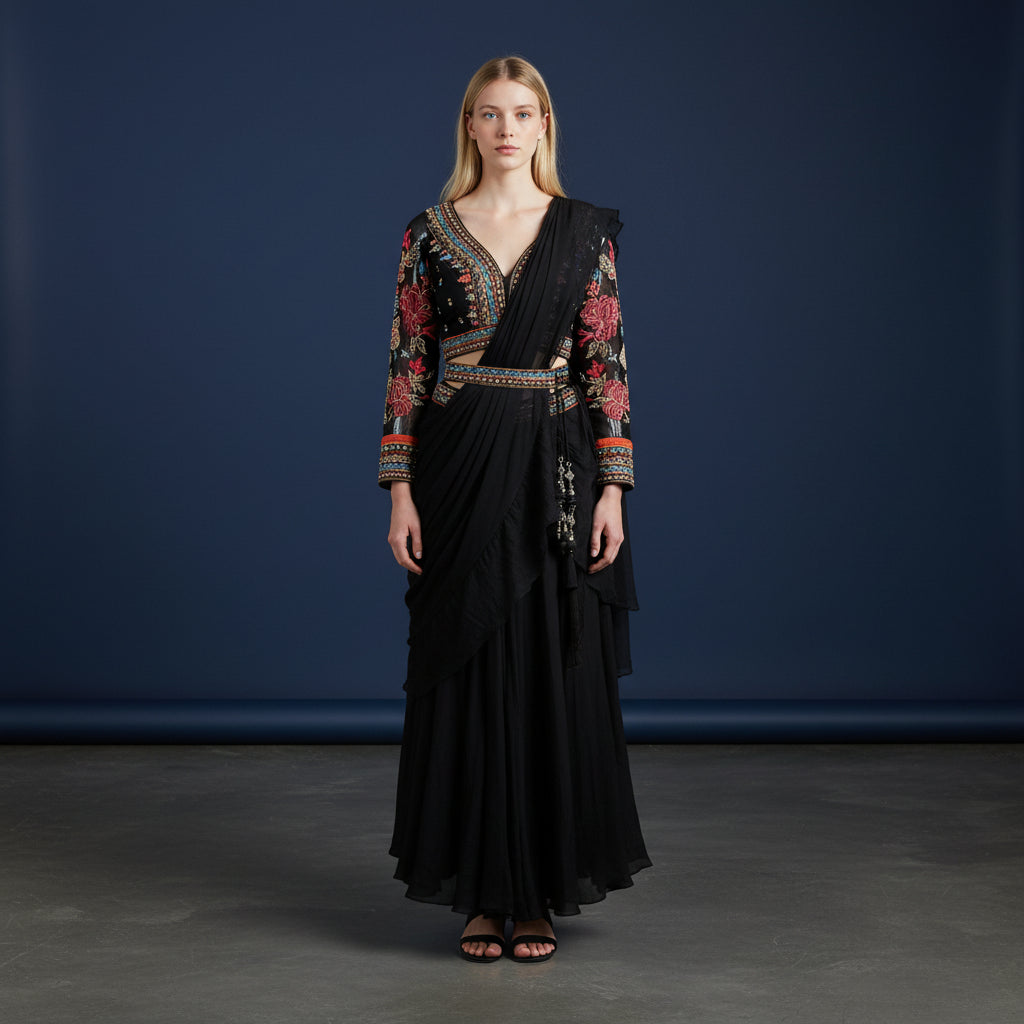 Crepe Draped Lehenga with Multi-color Threadwork