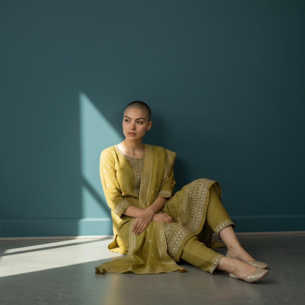 Silk Blend Kameez Set with Heavy Banarasi Border