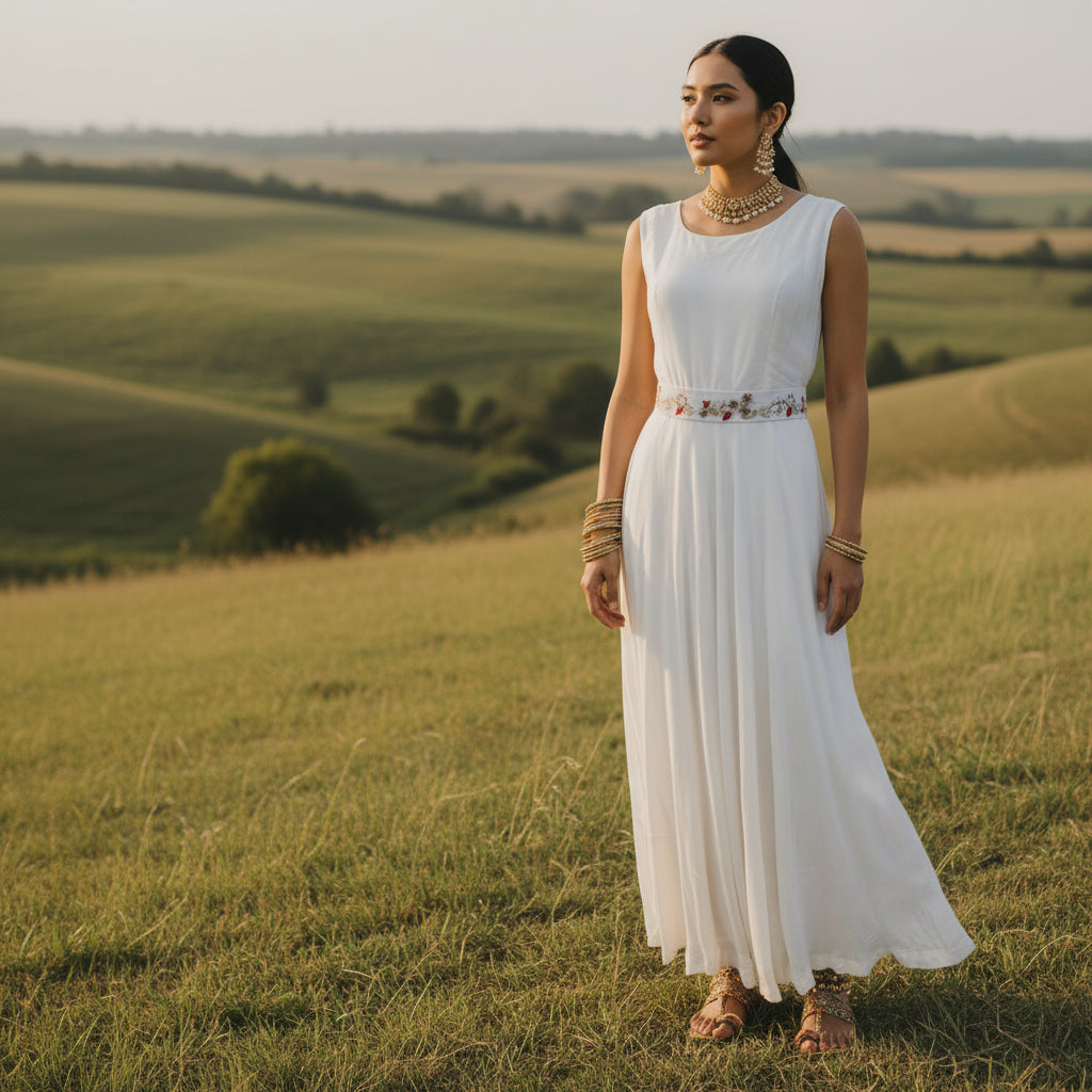 Silk Blend Layered Set Long Dress with Bandhani-Print Jacket