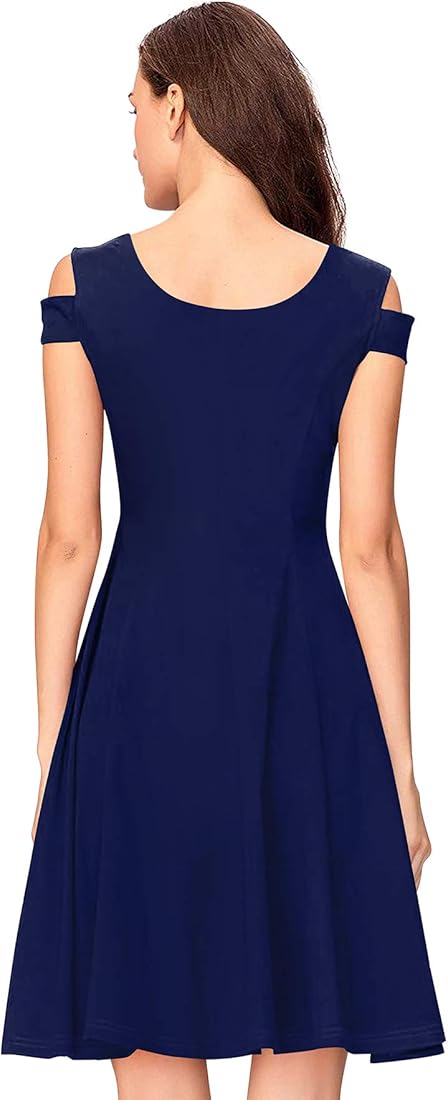 Elegant navy blue fit-and-flare dress featuring a stylish cold-shoulder neckline and graceful feminine silhouette.