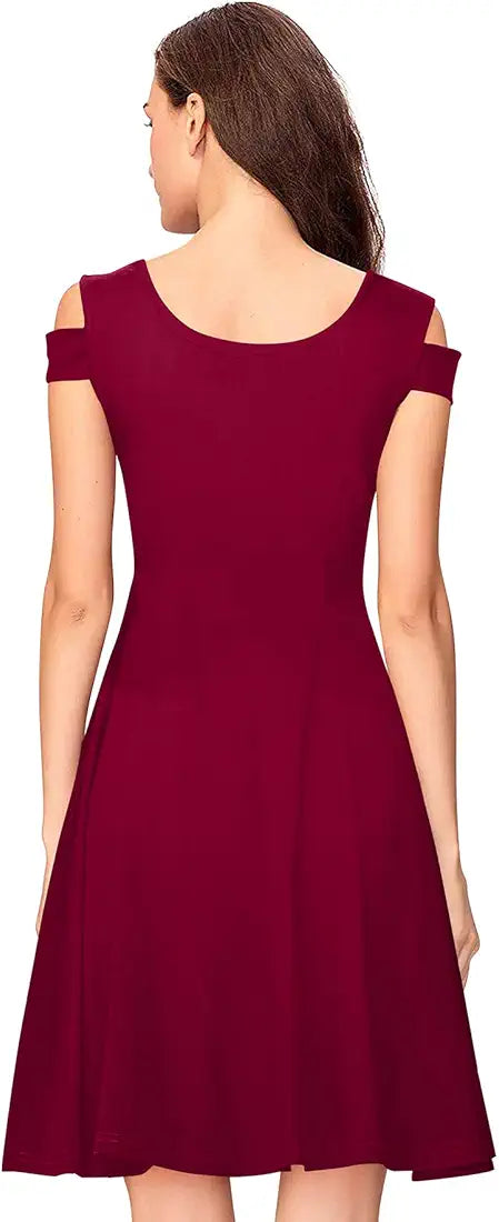 Elegant wine red fit-and-flare dress featuring a chic cold-shoulder design and flattering feminine silhouette.