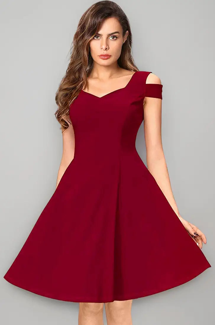 Elegant wine red fit-and-flare dress featuring a chic cold-shoulder design and flattering feminine silhouette.