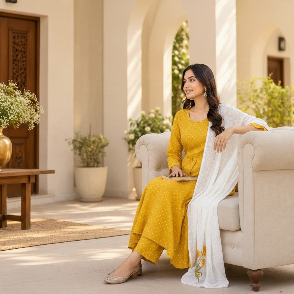 Mustard Yellow Polka Dot Kurta Set with Floral Dupatta Set