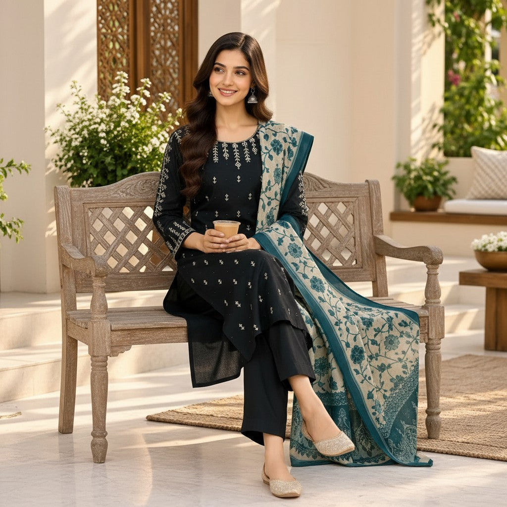 Black & Teal Floral Printed Kurti Set