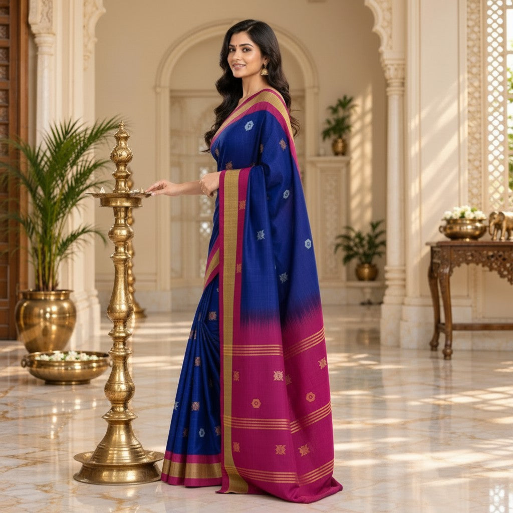 Royal Navy Blue & Magenta Saree with Gold Zari Border and Traditional Motifs