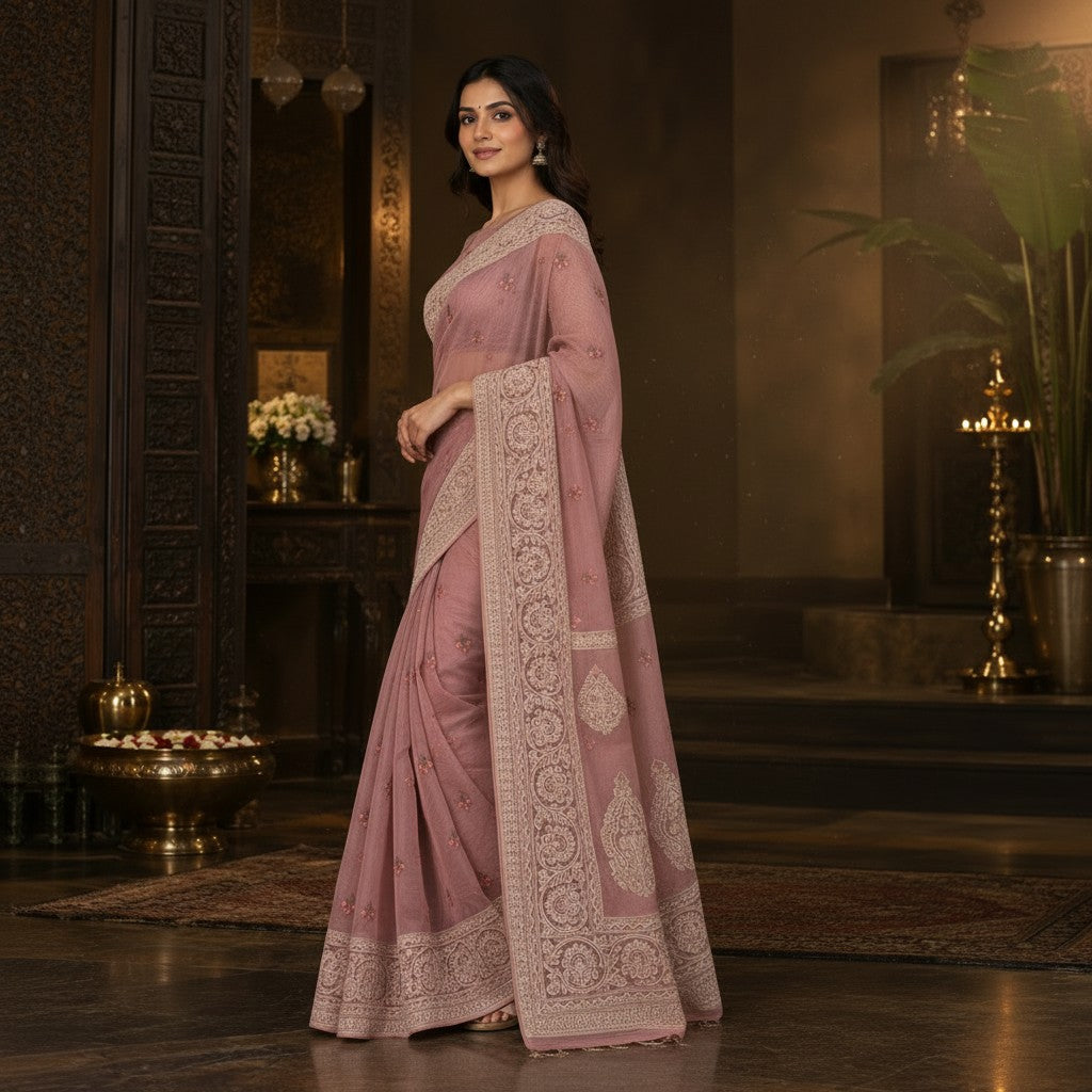 Elegant Mauve Pink Organza Saree with Floral Butti & Intricate Embroidered Border