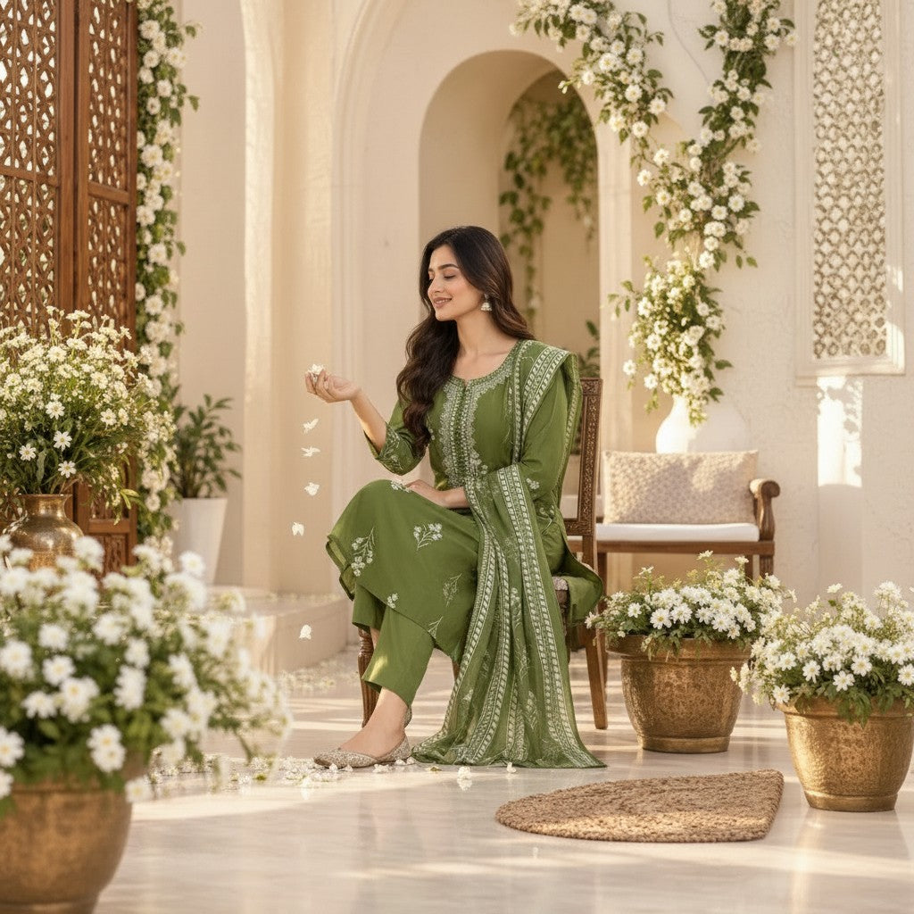 Olive Green Floral Printed Kurti Set
