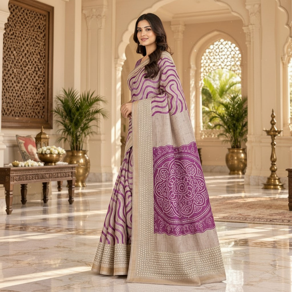 Elegant Beige & Purple Wavy Pattern Silk Saree with Embroidered Pallu