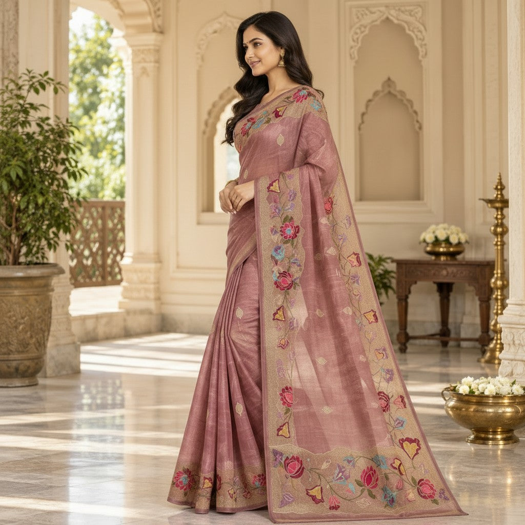 Dusty Rose Saree with Multicolour Floral Embroidery & Elegant Gold Border