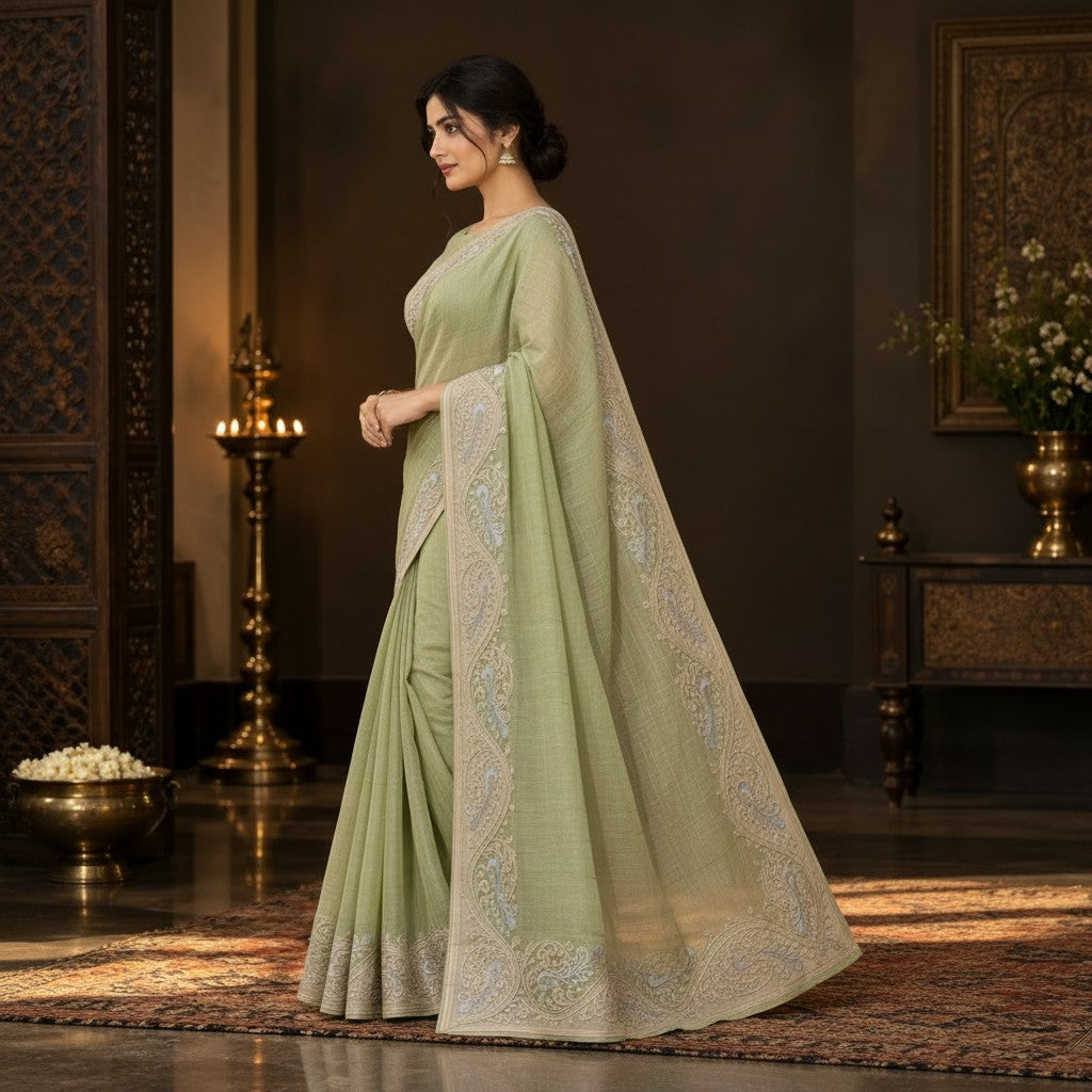 Elegant Sage Green Embroidered Saree with Intricate Paisley Border & Pallu