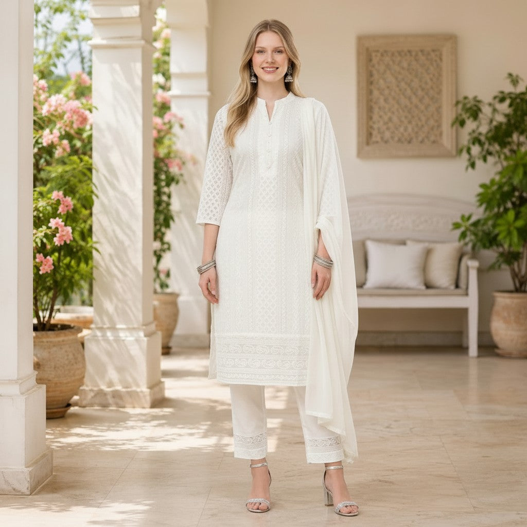 Elegant White Embroidered Straight Kurta Set with Matching Dupatta