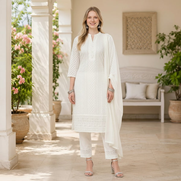 Elegant White Embroidered Straight Kurta Set with Matching Dupatta