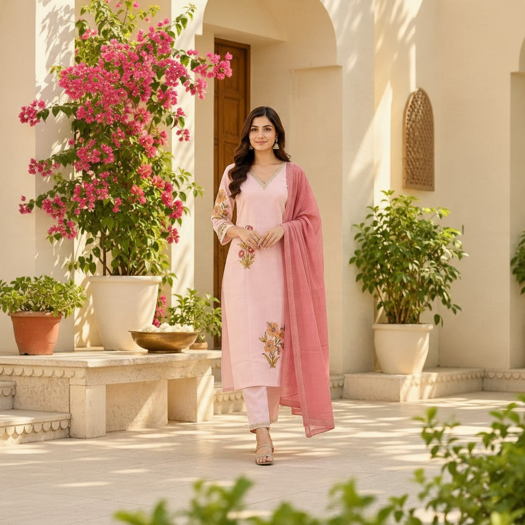 Blush Pink Floral Embroidered Kurta Set