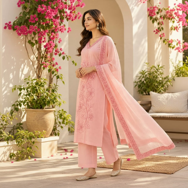 Pink Floral Embroidered Kurta Set