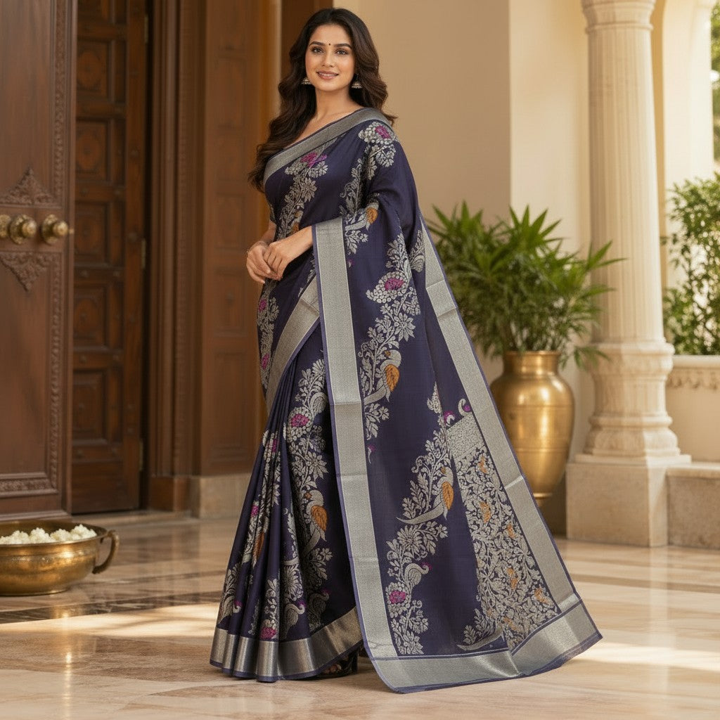 Midnight Peacock Elegance – Navy Blue Designer Silk Saree