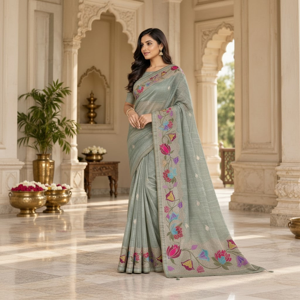 Elegant Sage Green Saree with Multicolor Floral Embroidery & Zari Border
