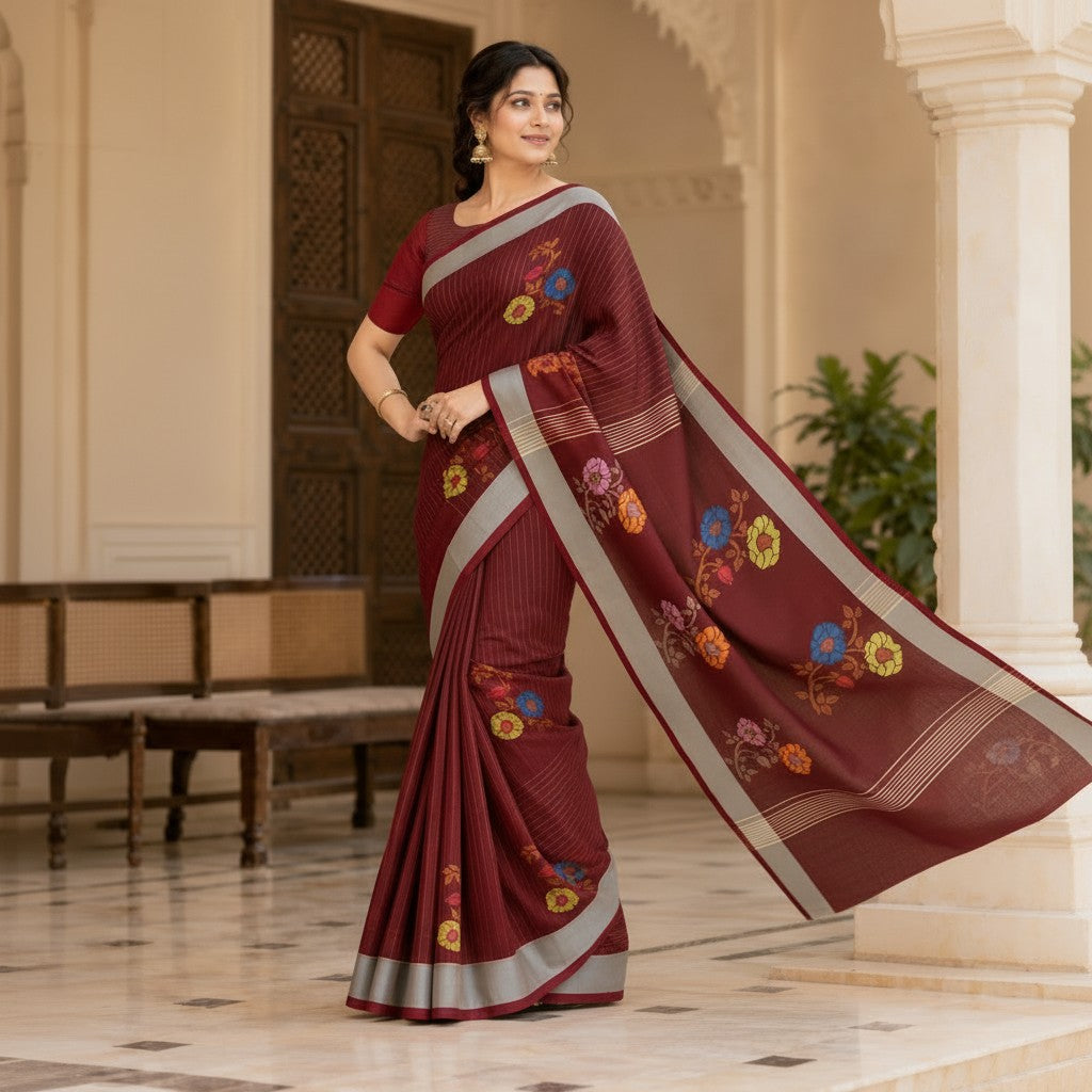 Elegant Maroon Floral Printed Saree with Silver Border