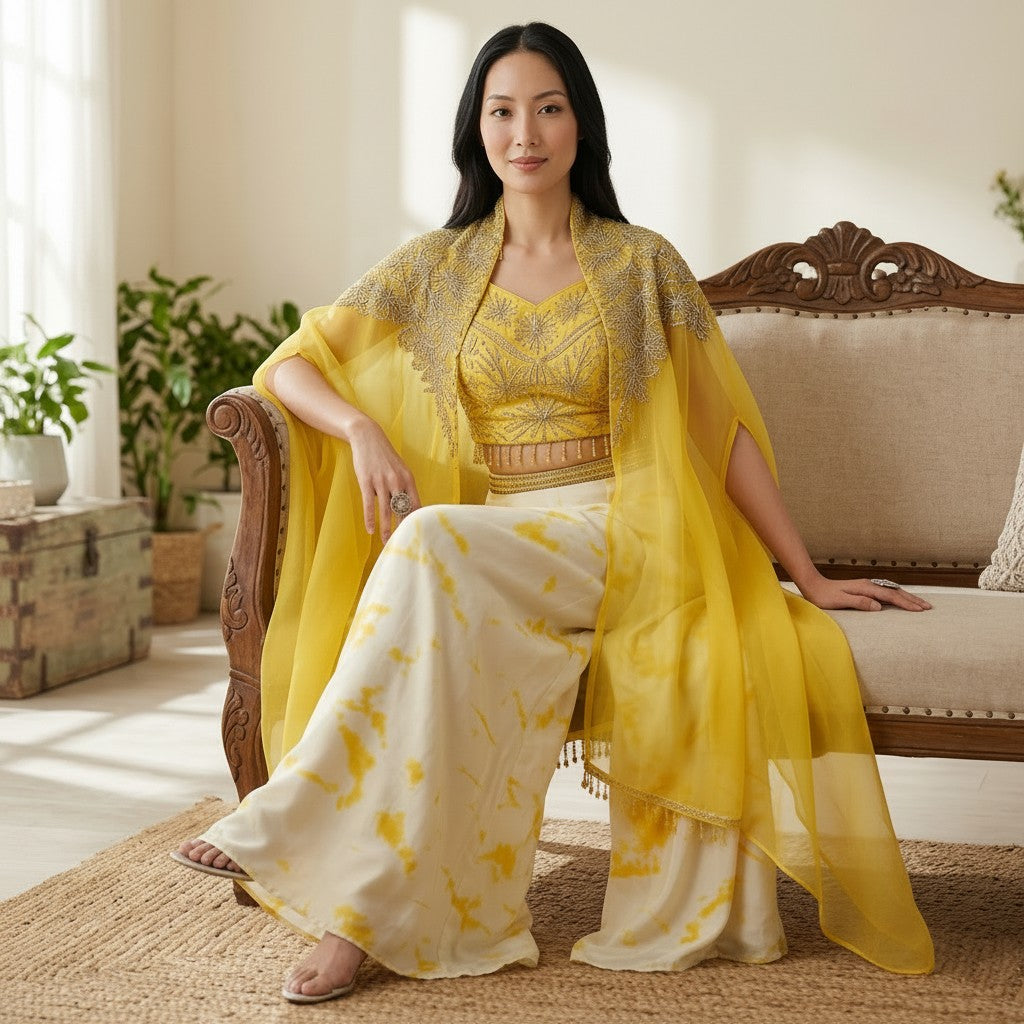 Yellow Embroidered Crop Top with Printed Palazzo and Sheer Cape Set