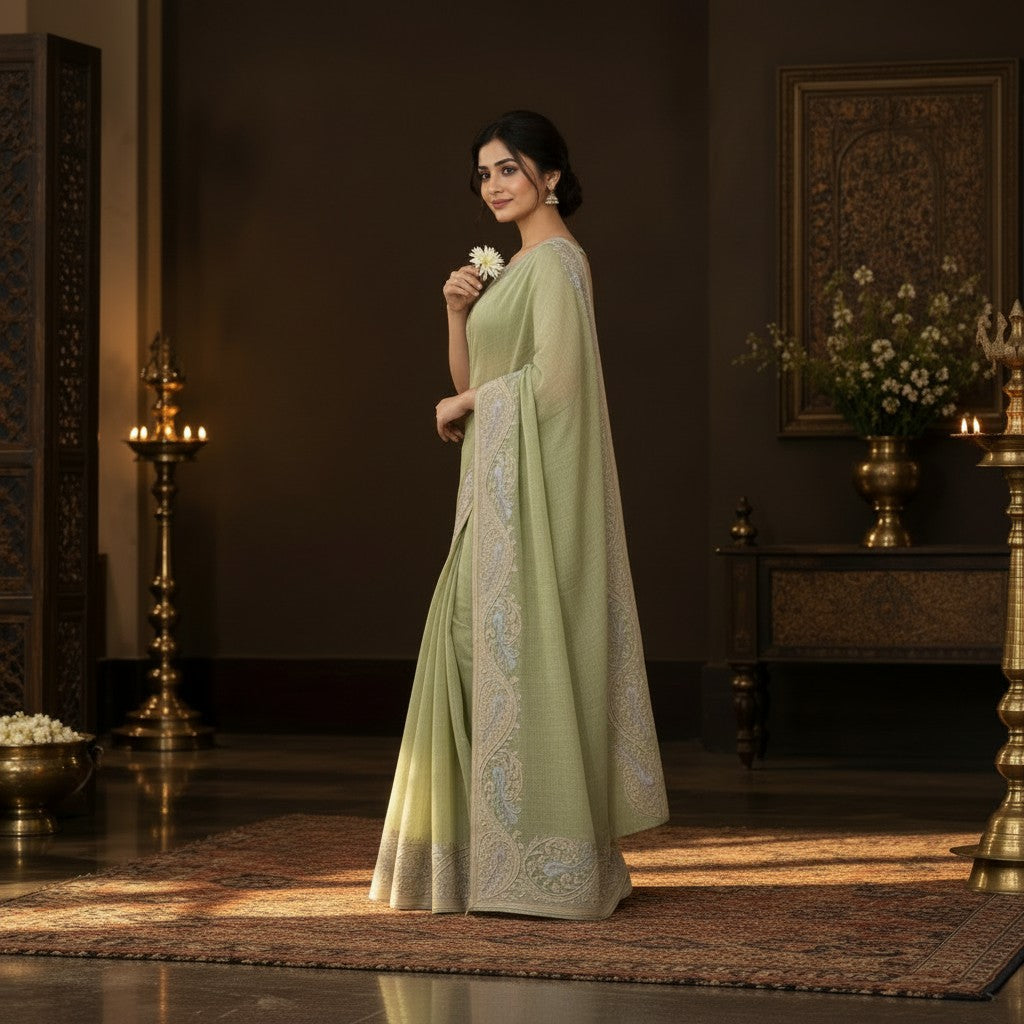 Elegant Sage Green Embroidered Saree with Intricate Paisley Border & Pallu