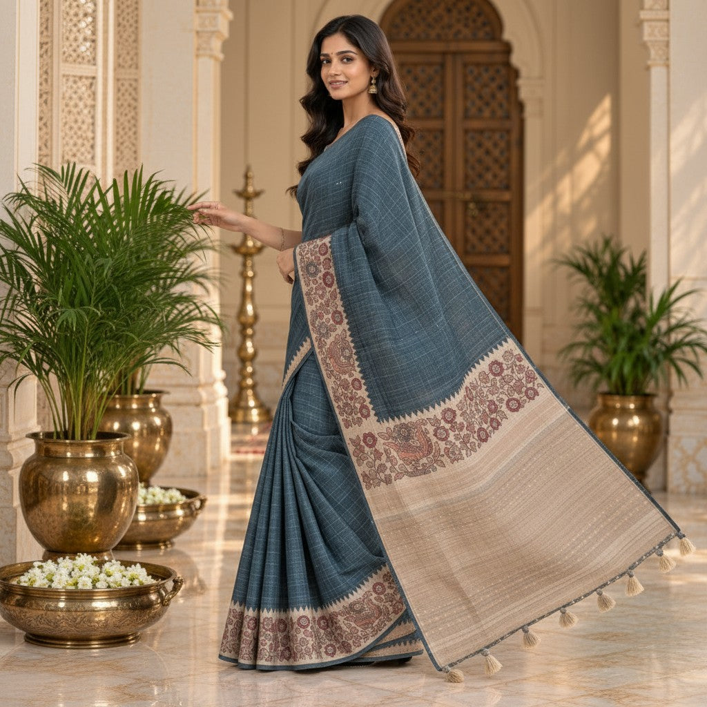 Elegant Blue-Grey Floral Printed Handloom Saree with Traditional Pallu & Designer Blouse