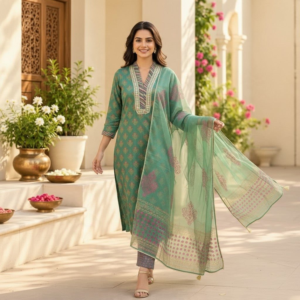 Emerald Green Printed Salwar Suit Set
