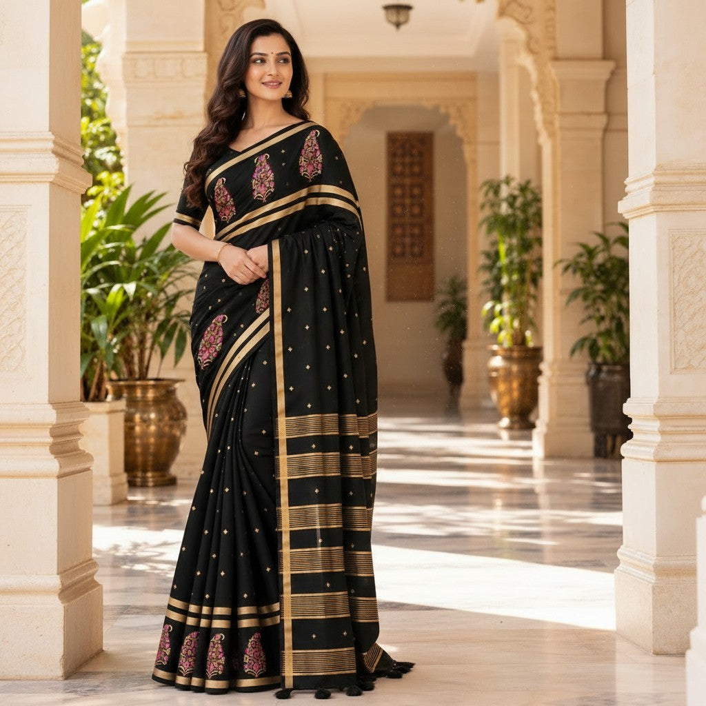 Elegant Black Saree with Gold Stripes and Pink Floral Embroidery