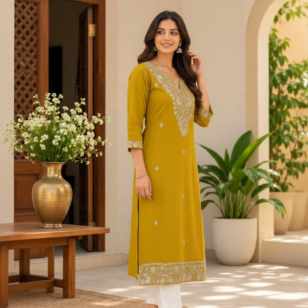 Mustard Gold Embroidered Kurta set
