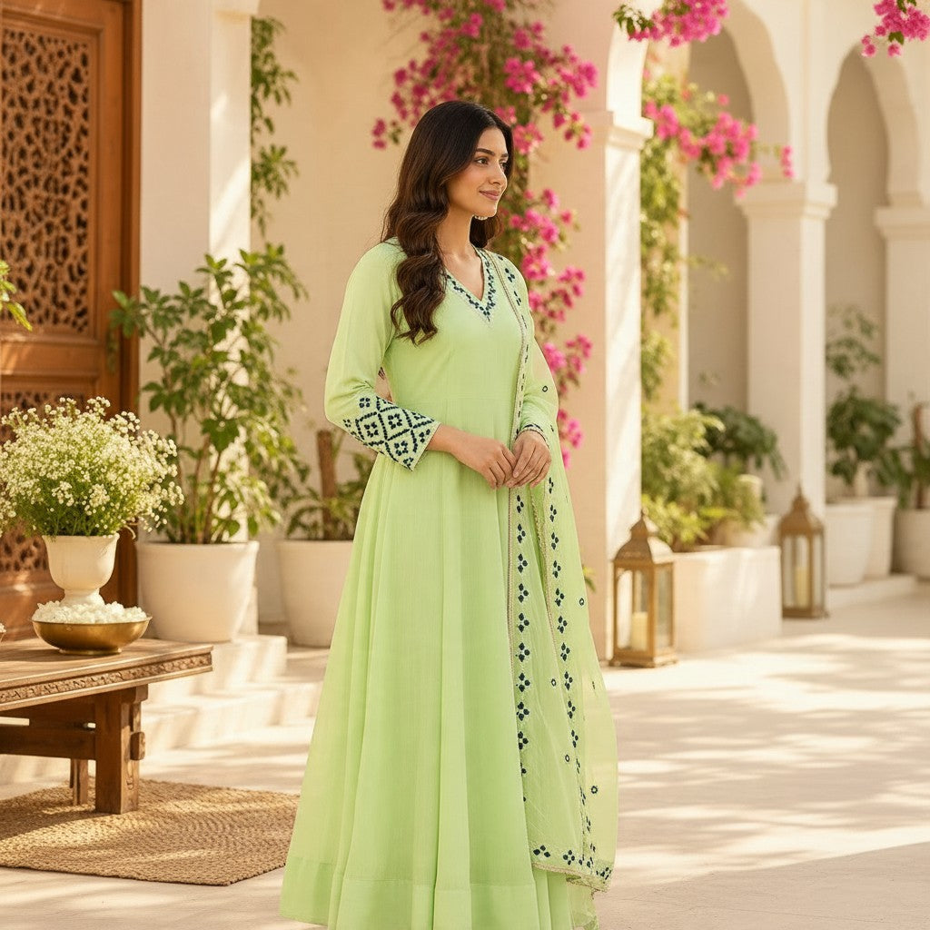 Pastel Green Embroidered Anarkali Suit Set