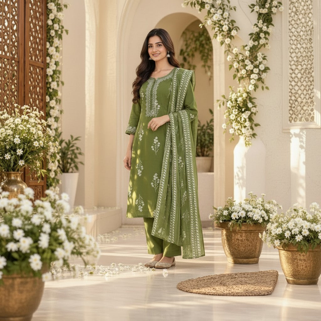 Olive Green Floral Printed Kurti Set