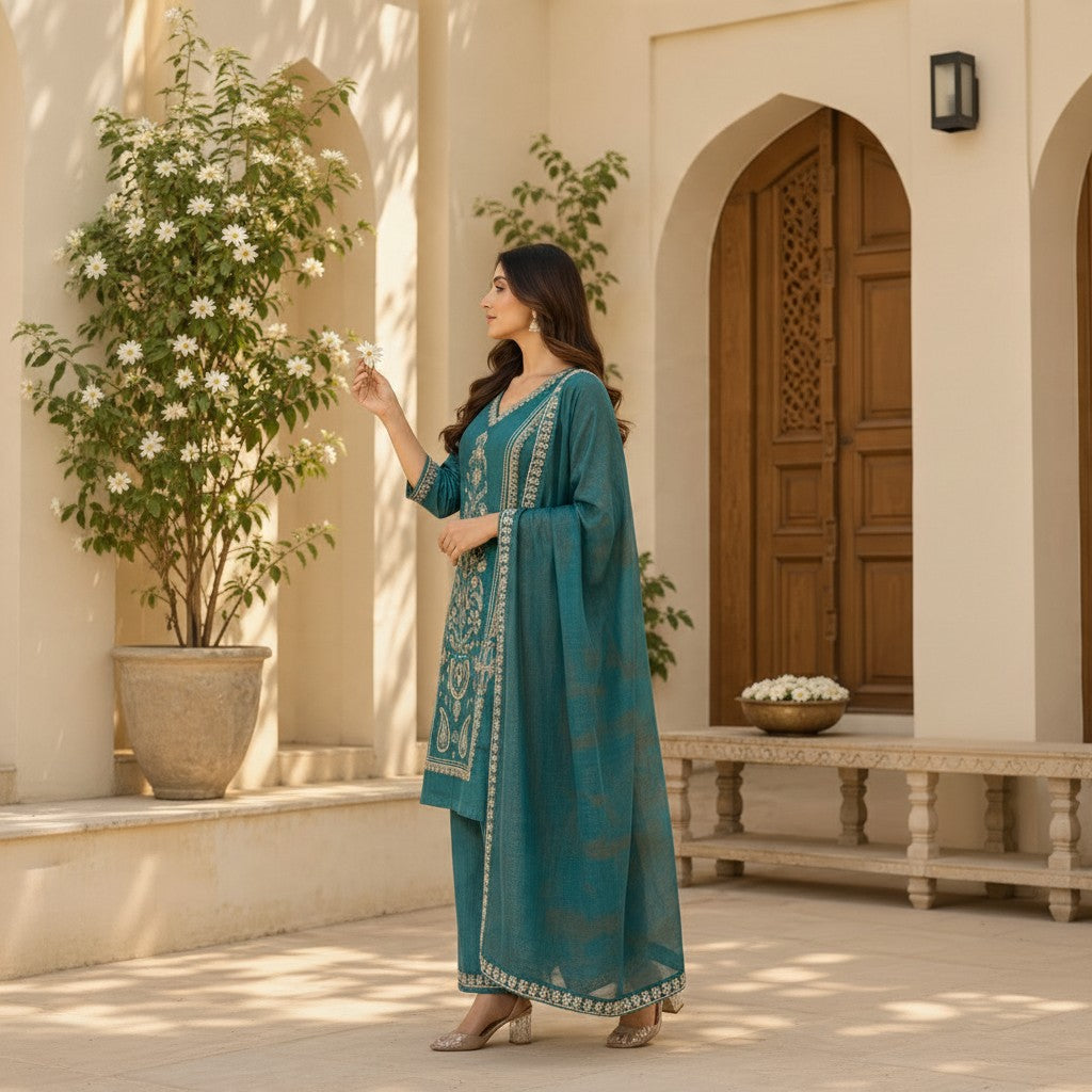 Teal Green Embroidered Kurta Set
