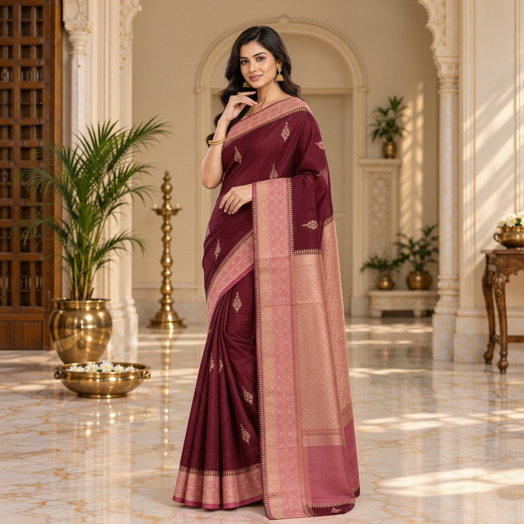 Elegant Maroon & Pink Woven Silk Saree with Gold Motifs