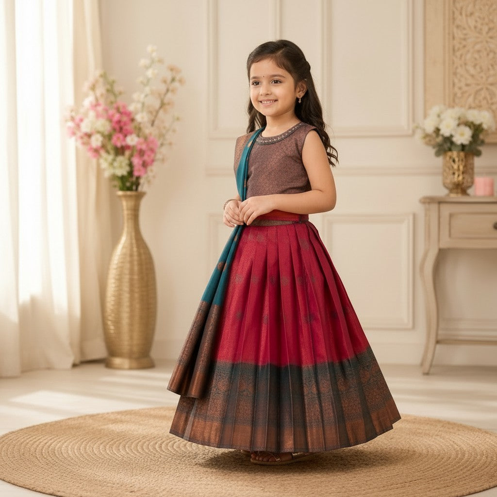 Kids Maroon & Teal Traditional Lehenga Set with Rich Zari Border