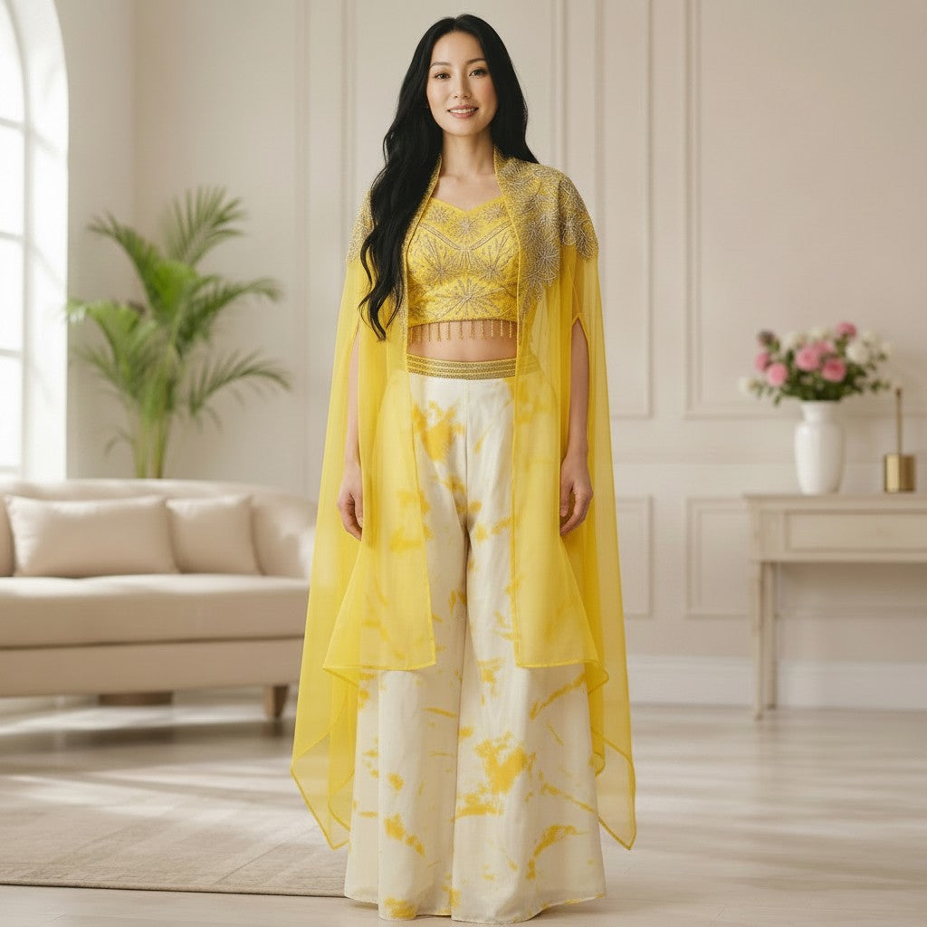 Yellow Embroidered Crop Top with Printed Palazzo and Sheer Cape Set