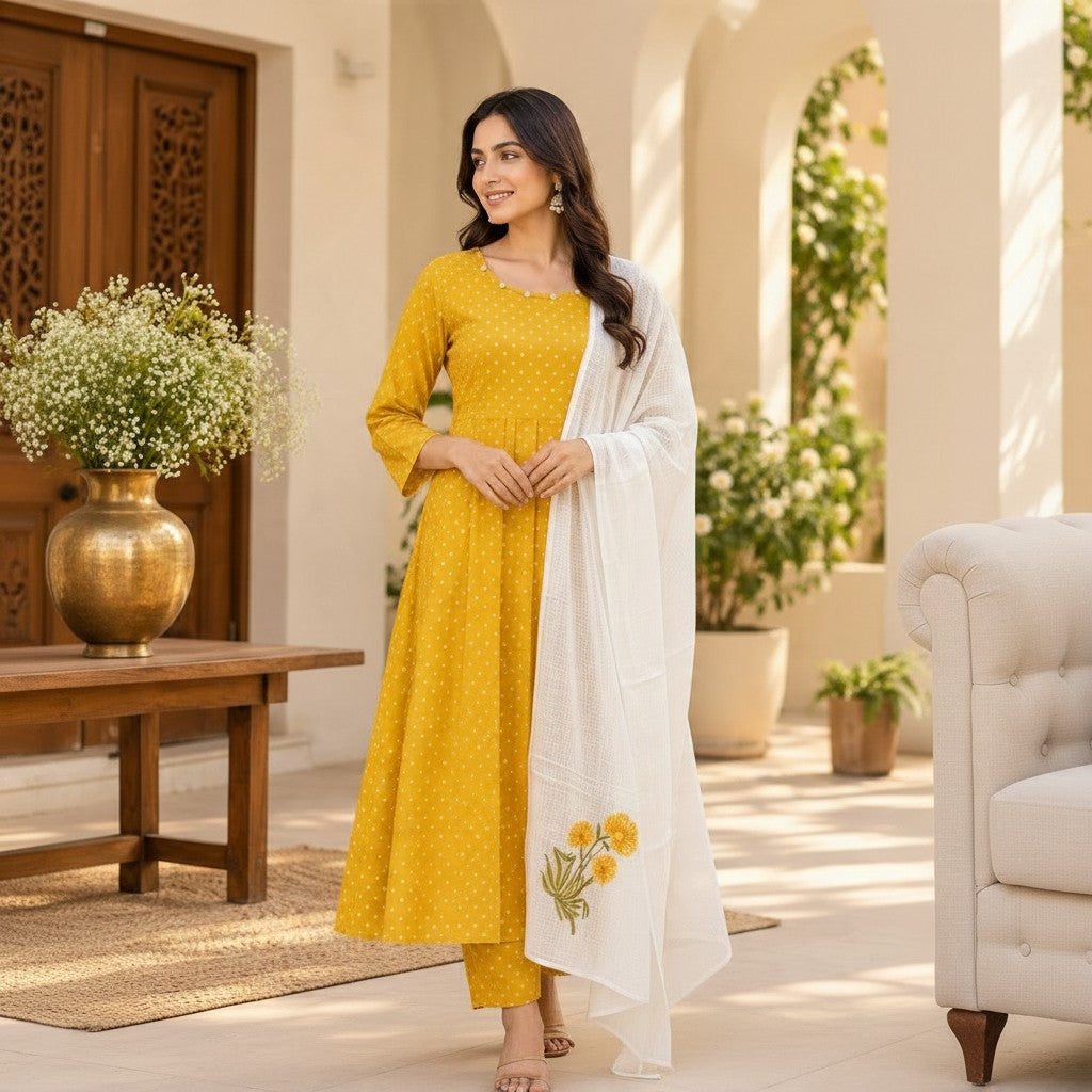 Mustard Yellow Polka Dot Kurta Set with Floral Dupatta Set