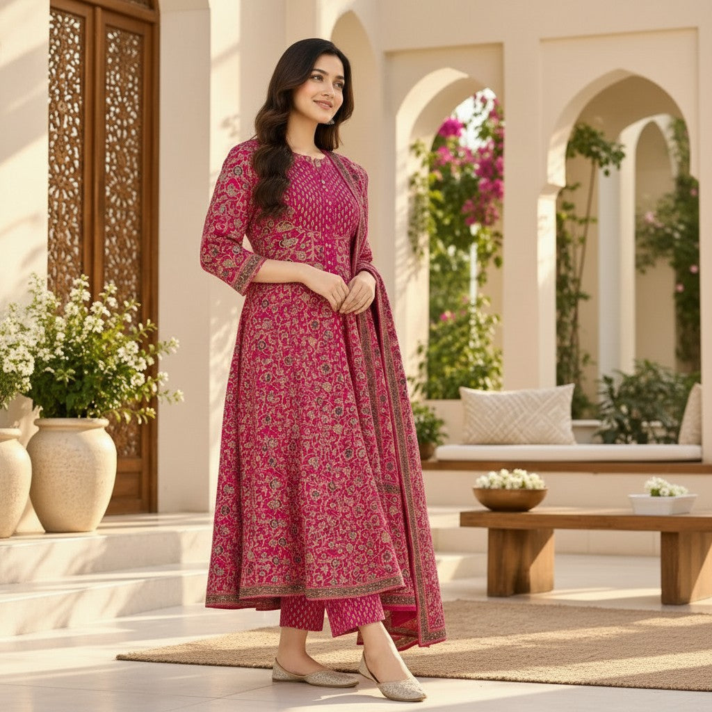 Rani Pink Floral Printed Kurti Set