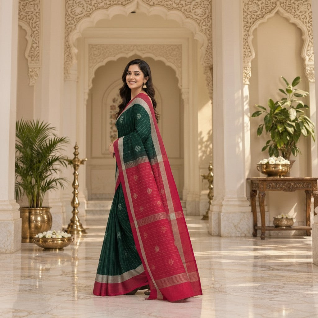 Forest Green & Magenta Handloom Saree with Silver Zari Border