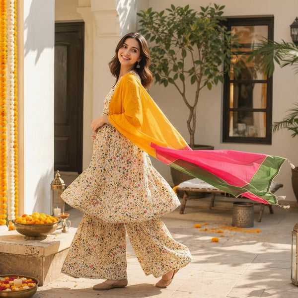 Floral Ivory Sharara Set with Multicolor Dupatta